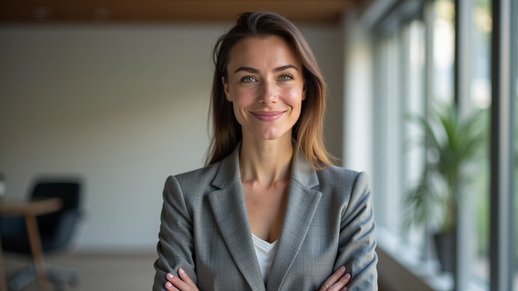 Architetto donna di 40 anni, completamente vestita in abito grigio, ritratto da petto in su, sorriso fiducioso, ufficio moderno, illuminazione naturale, fuoco nitido
