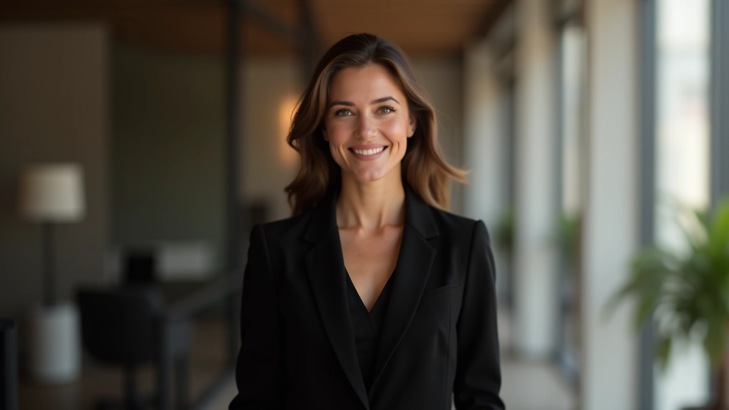 Consulente donna di 35 anni, completamente vestita in abito nero, ritratto da petto in su, espressione accogliente, ufficio studio, illuminazione soft, fuoco nitido