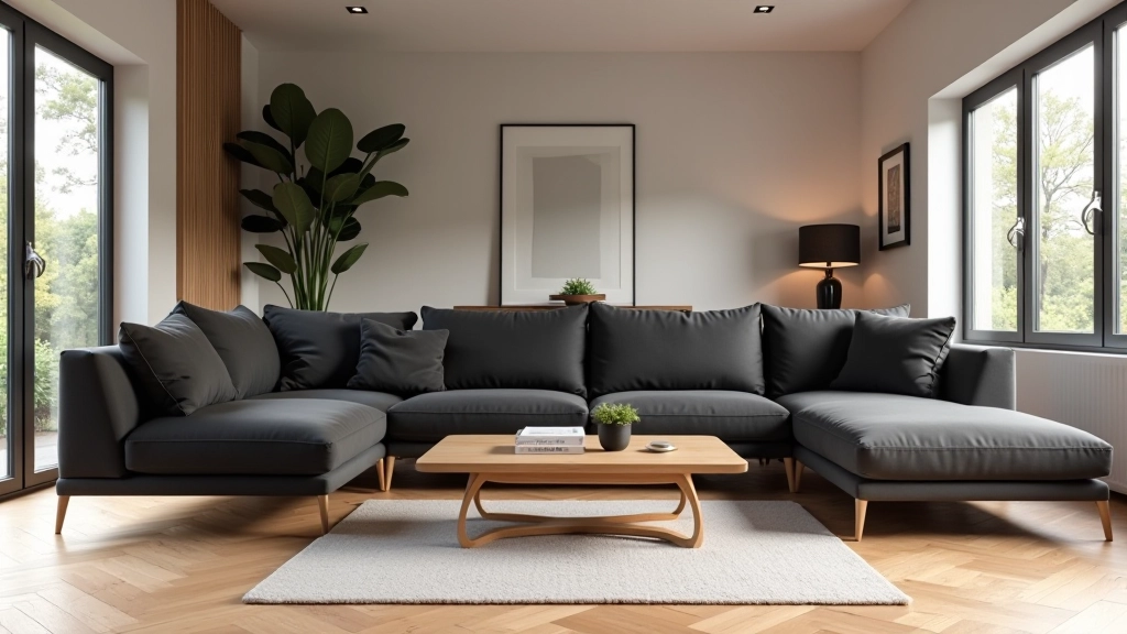 Arredo moderno in salotto aperto con divani grigio scuro, tavolino legno naturale e parquet