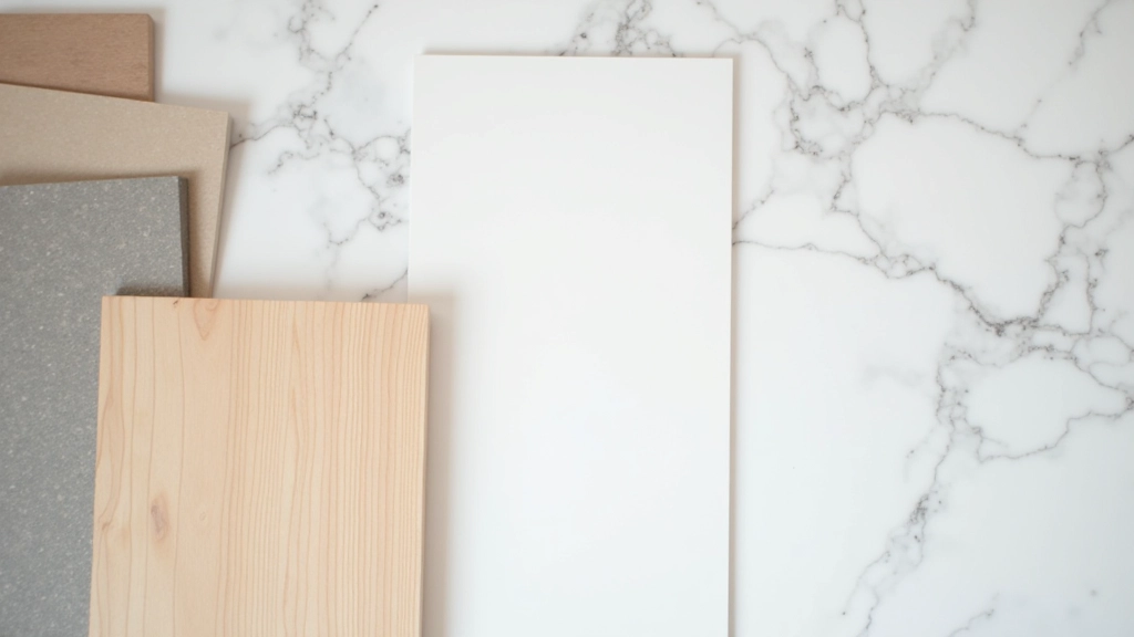 Materiali di design moderno: legno chiaro, marmo bianco e acciaio su superficie di progettazione