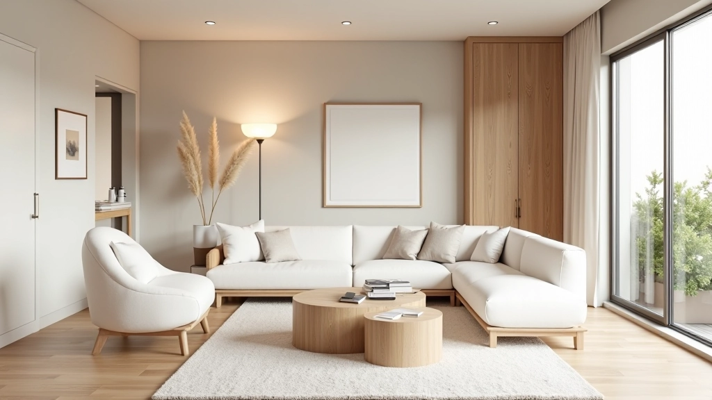 Ambiente domestico minimalista con mobili in stile italiano, linee pulite e materiali nobili, luce naturale