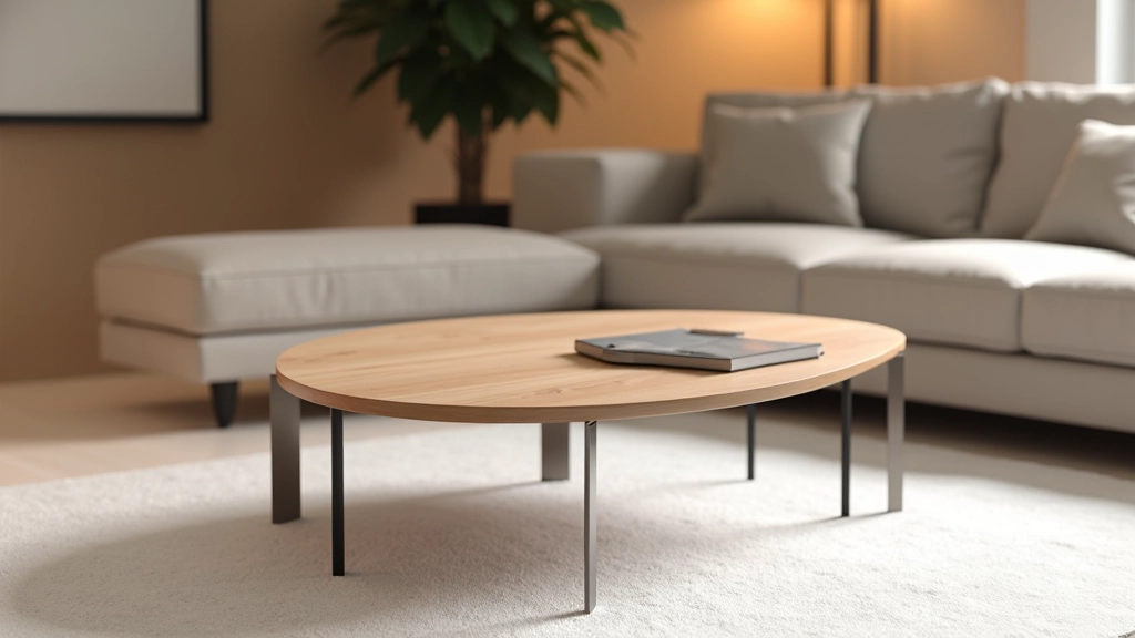 Dettaglio di un tavolino in legno naturale con linee geometriche precise e gambe sottili in metallo nero