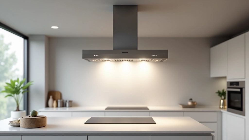 Sistema di ventilazione moderna in cucina aperta con cappa acciaio e flusso d'aria visibile, design minimalista