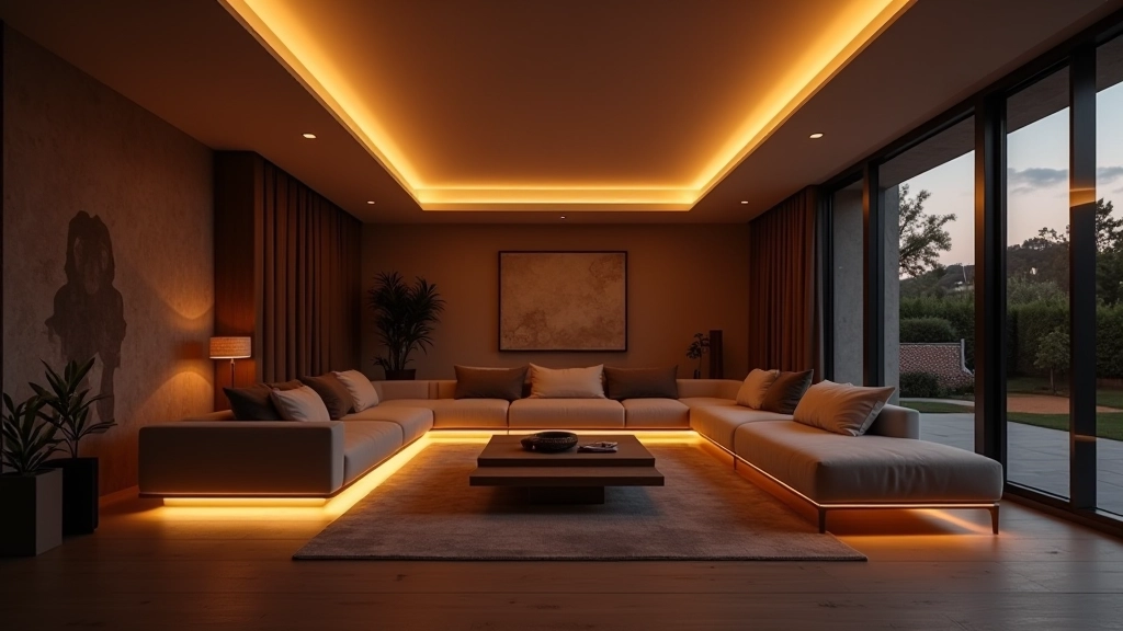 Soggiorno moderno con illuminazione LED integrata nei cornicioni, atmosfera calda e elegante