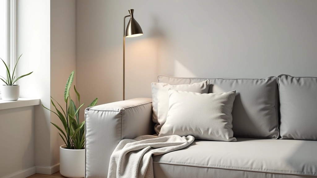 Angolo di una stanza con divano grigio minimale, cuscino in lino naturale, lampada da terra in acciaio, pianta in vaso bianco geometrico