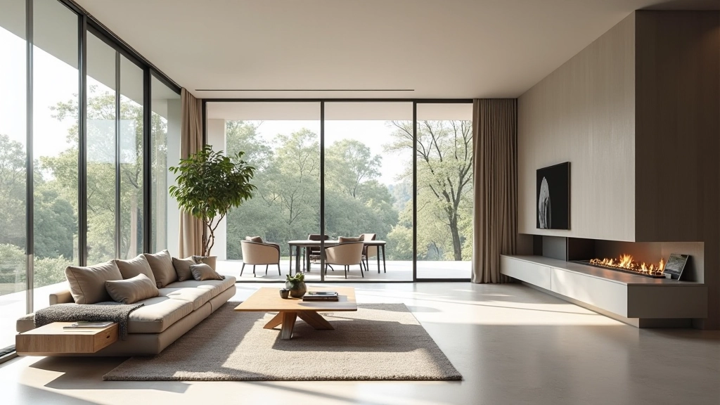 Soggiorno minimalista con grandi finestre, arredamento italiano e spazi aperti che enfatizzano la luce naturale