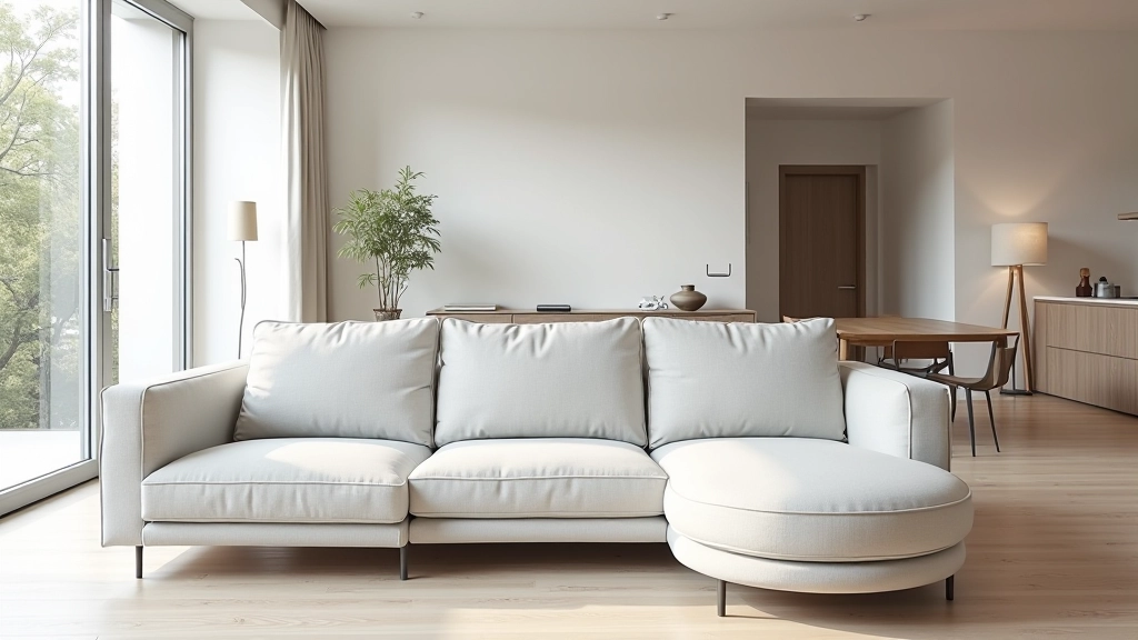 Salotto moderno con divano grigio, finestre grandi e illuminazione naturale che enfatizza gli spazi aperti