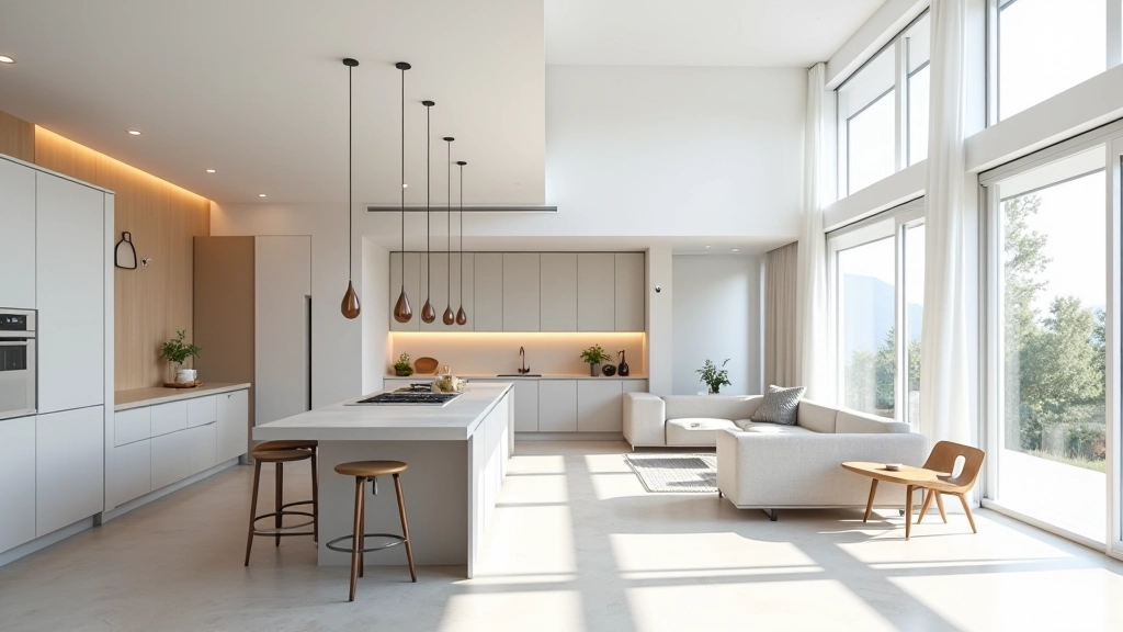 Illuminazione moderna in salotto aperto con luci a sospensione sopra isola cucina, soffitto bianco alto e finestre grandi