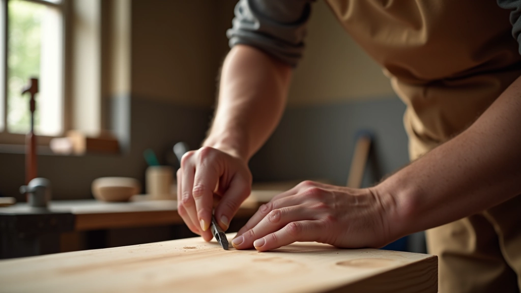 Artigiano al lavoro su un mobile in legno, utilizzando strumenti tradizionali in laboratorio italiano